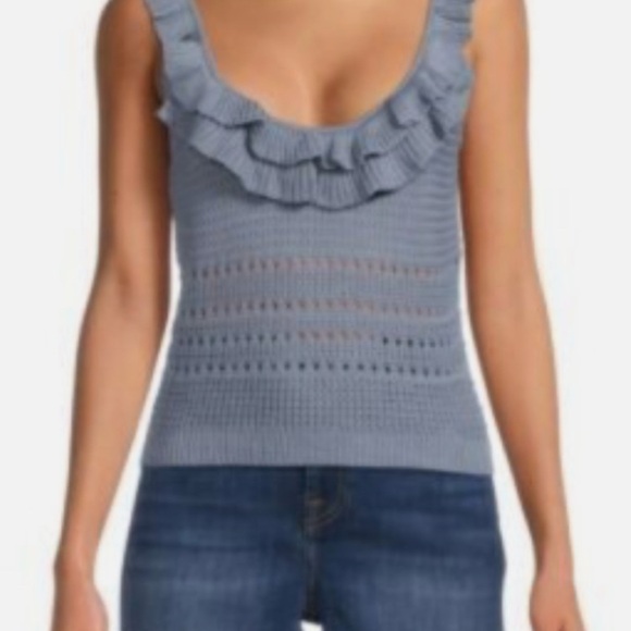 7 for all Mankind Women’s Blue Ruffled Knit Top - Picture 1 of 7